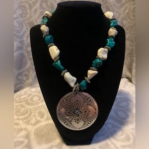 Turquoise & Ivory beaded HANDMADE necklace w/ Pendant